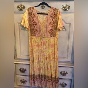 GAOVOT/ Yellow FLORAL MIDI DRESS with Flutter Sleeves Sz L